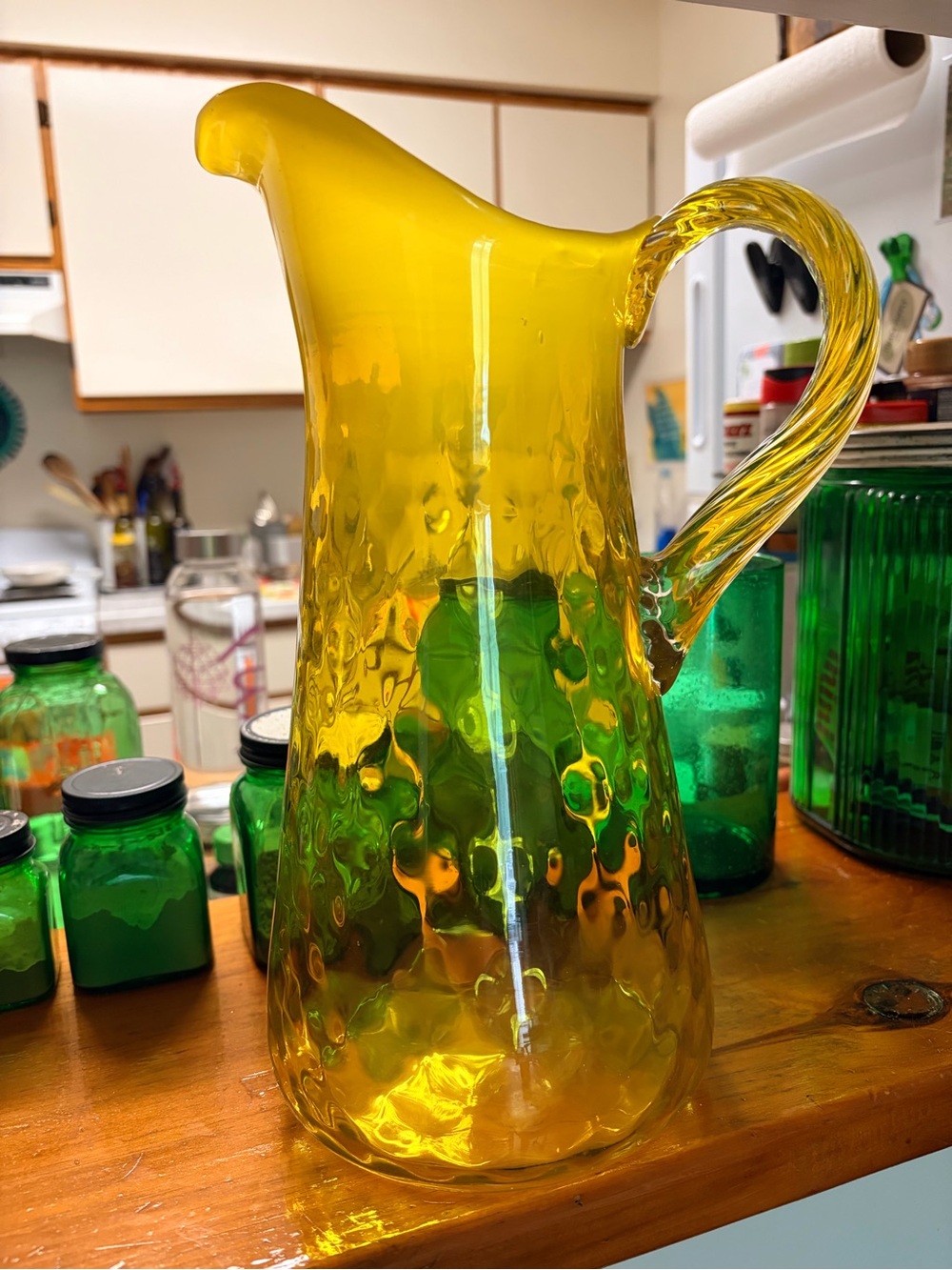 Yellow Textured Glass Pitcher with Twisted Handle - Home Art